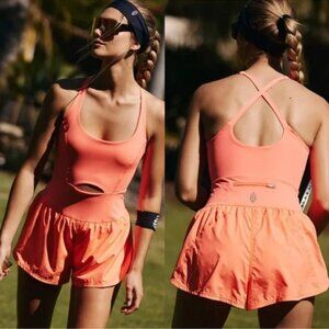 NWOT Free People Righteous Runsie Romper Neon Coral